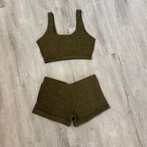 Olive Green Knit Crop Top and Shorts Set